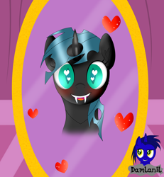 Size: 3840x4154 | Tagged: safe, alternate version, artist:damlanil, oc, oc only, oc:nightlight aura, changeling, pony, blushing, carousel boutique, changelingified, commission, cute, happy, heart, heart eyes, horn, looking at you, mirror, open mouth, simple background, smiling, solo, species swap, vector, wingding eyes