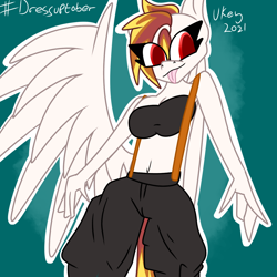 Size: 1280x1280 | Tagged: safe, artist:ukedideka, oc, oc only, oc:lumen afterglow, pegasus, anthro, belly button, breasts, clothes, eye clipping through hair, female, simple background, smiling, solo, tongue out, wings