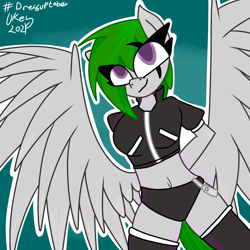 Size: 1280x1280 | Tagged: safe, artist:ukedideka, oc, oc only, oc:quizzical aphre, pegasus, anthro, belly button, breasts, clothes, looking at you, pegasus oc, simple background, smiling, smiling at you, socks, solo, spread wings, thigh highs, wings