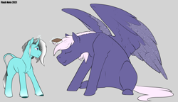 Size: 4852x2793 | Tagged: safe, artist:flash note, oc, oc only, oc:moon shield, oc:swift note, pegasus, pony, unicorn, brush, brushing, brushing mane, duo, magic, size difference