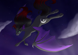 Size: 3508x2480 | Tagged: safe, artist:nuumia, oc, oc only, oc:somera, bat pony, pony, female, flying, high res, mare, night, solo