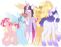 Size: 1808x1401 | Tagged: safe, artist:yuumirou, applejack, fluttershy, pinkie pie, rainbow dash, rarity, twilight sparkle, pony, g4, alternate design, mane six, simple background, size difference, white background