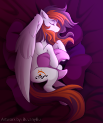 Size: 5906x7087 | Tagged: safe, artist:buvanybu, oc, oc only, oc:rainy sky, pegasus, pony, bed, bedsheets, commission, female, hug, mare, pillow, pillow hug, sleeping, solo, wings, ych result