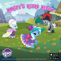 Size: 843x843 | Tagged: safe, gameloft, idw, commander redfeather, immemoria, trixie, pony, g4, official, advertisement, alliteration, clothes, dress, elderly, female, male, mare, stallion