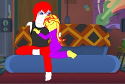 Size: 1066x717 | Tagged: safe, sunset shimmer, oc, oc:eternal flames, equestria girls, g4, canon x oc, clothes, eyes closed, female, hug, love, male, shipping, sunset's apartment, sunseternal