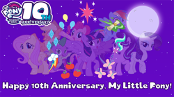Size: 5360x3008 | Tagged: safe, artist:andoanimalia, artist:btnf1998, artist:estories, edit, vector edit, applejack, fluttershy, pinkie pie, rainbow dash, rarity, spike, starlight glimmer, twilight sparkle, alicorn, dragon, earth pony, pegasus, pony, unicorn, mlp fim's tenth anniversary, g4, 10, anniversary, cutie mark, cutie mark background, folded wings, happy birthday mlp:fim, horn, logo, mane seven, mane six, spread wings, twilight sparkle (alicorn), vector, winged spike, wings