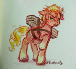 Size: 2402x2184 | Tagged: safe, artist:bubblepurity, sprout cloverleaf, earth pony, pony, g5, my little pony: a new generation, annoyed, exhausted, floppy ears, green eyes, high res, male, messy mane, pencil, pencil drawing, solo, stallion, sweat, traditional art, watermark, wood