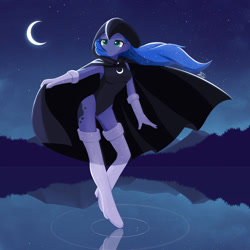Size: 1280x1280 | Tagged: safe, artist:howxu, princess luna, human, equestria girls, adorasexy, blushing, boots, breasts, cloak, clothes, commission, cosplay, costume, cute, cutie mark, cutie mark on equestria girl, female, flowing hair, gloves, hood, humanized, leotard, moon, night, pony coloring, raven (dc comics), sexy, shoes, smiling, socks, solo, stars, thigh boots, walking on water