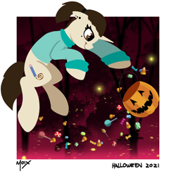 Size: 3000x3000 | Tagged: safe, artist:supermoix, oc, oc only, oc:marychan, pony, unicorn, candy, candy corn, commission, cute, floating, food, halloween, high res, holiday, jack-o-lantern, lollipop, piercing, pumpkin, simple background, solo, spooky, ych result