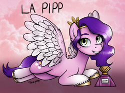 Size: 2732x2048 | Tagged: safe, artist:toastpone, pipp petals, pegasus, pony, g5, my little pony: a new generation, adorapipp, cloud, coat markings, colored eyebrows, cute, ear fluff, female, grin, high res, label, looking at you, lying down, mare, parfum la pipp, perfume, signature, smiling, smiling at you, socks (coat markings), solo, unshorn fetlocks, wings