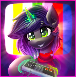 Size: 2000x2040 | Tagged: safe, artist:atlas-66, oc, oc only, oc:elis, oc:elis moon, oc:moonsonat, pony, unicorn, controller, game, glowing, glowing horn, high res, horn, magic, nintendo, nintendo entertainment system, retro, solo, telekinesis