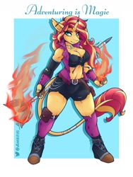 Size: 1800x2400 | Tagged: safe, artist:ambris, sunset shimmer, unicorn, anthro, unguligrade anthro, adventuring is magic, g4, breasts, busty sunset shimmer, cleavage, clothes, description at source, dungeons and dragons, ear piercing, fantasy class, female, fiery shimmer, fire, magic staff, muscles, muscular female, pen and paper rpg, piercing, pouch, pyromancy, redraw, rpg, shoes, shorts, socks, sorcerer, sorceress, sunset lifter, title drop, vest