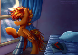 Size: 1414x1000 | Tagged: safe, artist:chaosangeldesu, oc, oc only, oc:flaming hoof, pegasus, pony, amputee, bed, female, mare, moon, prosthetic limb, prosthetics, rain, sad, solo, window