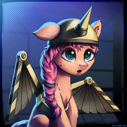 Size: 4000x4000 | Tagged: safe, artist:adagiostring, sunny starscout, alicorn, earth pony, pony, g5, my little pony: a new generation, spoiler:my little pony: a new generation, absurd resolution, confused, cute, fake horn, fake wings, female, helmet, mare, one ear down, open mouth, scene interpretation, solo, wings