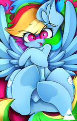 Size: 2894x4592 | Tagged: safe, artist:ahekao, rainbow dash, pegasus, pony, g4, angry, blushing, covering, embarrassed, female, lying down, mare, on back, solo, underhoof