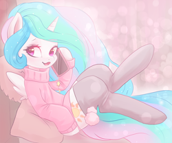 Size: 960x800 | Tagged: safe, artist:valeria_fills, princess celestia, alicorn, pony, g4, cellphone, clothes, cute, cutelestia, ethereal mane, female, mare, phone, socks, solo, sweater, talking on phone, thigh highs