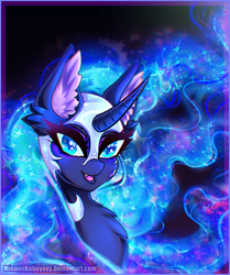 Size: 2039x2438 | Tagged: safe, artist:minamikoboyasy, nightmare moon, alicorn, pony, g4, bust, chromatic aberration, curved horn, ear fluff, ethereal mane, female, high res, horn, mare, portrait, solo