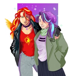 Size: 865x850 | Tagged: safe, artist:xaotl, starlight glimmer, sunset shimmer, human, g4, choker, clothes, duo, female, humanized, jacket, jeans, lesbian, pants, partial background, ship:shimmerglimmer, shipping, shirt