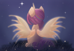 Size: 1600x1100 | Tagged: safe, artist:miryelis, sunny starscout, alicorn, pony, g5, my little pony: a new generation, spoiler:my little pony: a new generation, artificial wings, augmented, female, horn, magic, magic horn, magic wings, mane stripe sunny, night, race swap, solo, sunnycorn, wings