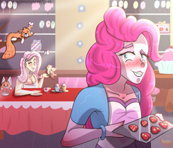 Size: 1920x1644 | Tagged: safe, artist:gtu48, fluttershy, pinkie pie, bird, fox, equestria girls, g4, blushing, cookie, domestic, female, food, heart, lesbian, ship:flutterpie, shipping