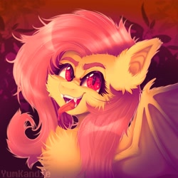 Size: 3500x3500 | Tagged: safe, artist:yumkandie, fluttershy, bat pony, pony, g4, bat ponified, bust, chest fluff, female, flutterbat, high res, messy mane, race swap, solo, tongue out