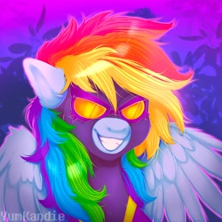 Size: 3500x3500 | Tagged: safe, artist:yumkandie, rainbow dash, pegasus, pony, g4, clothes, costume, female, goggles, grin, high res, shadowbolt dash, shadowbolts costume, smiling, solo
