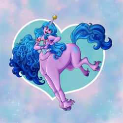 Size: 3000x3000 | Tagged: safe, artist:cxxy, izzy moonbow, centaur, pony, unicorn, taur, g5, my little pony: a new generation, ball, centaurified, colored hooves, female, heart, high res, horn, hornball, izzy's tennis ball, izzytaur, solo, species swap, tennis ball, unshorn fetlocks