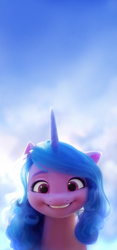 Size: 2165x4638 | Tagged: safe, artist:thefloatingtree, edit, edited screencap, screencap, izzy moonbow, pony, unicorn, g5, my little pony: a new generation, spoiler:my little pony: a new generation, bust, female, looking at you, mare, phone wallpaper, smiling, smiling at you, solo