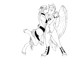 Size: 2000x1612 | Tagged: safe, artist:royvdhel-art, oc, oc only, pegasus, anthro, unguligrade anthro, bottomless, clothes, dancing, dress, featureless crotch, flower, flower in hair, lineart, monochrome, oc x oc, partial nudity, pegasus oc, shipping, suit, unshorn fetlocks, wings