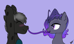 Size: 3855x2318 | Tagged: safe, artist:biru, oc, oc only, changeling, monster pony, blushing, duo, high res, licking, long tongue, simple background, tongue out