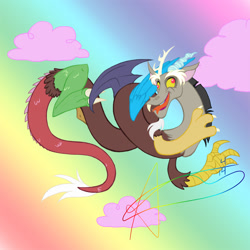 Size: 1000x1000 | Tagged: safe, artist:vaiya, discord, draconequus, g4, cloud, derp, flying, male, rainbow, signature, smiling, solo
