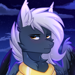 Size: 3000x3000 | Tagged: safe, artist:pesty_skillengton, oc, oc only, oc:tempest streamrider, pegasus, pony, armor, bust, ear fluff, full color, high res, looking at you, male, sky, solo, stallion