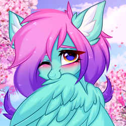 Size: 3000x3000 | Tagged: safe, artist:pesty_skillengton, oc, oc only, oc:swing time, pegasus, pony, biting, cherry blossoms, cute, female, flower, flower blossom, grooming, heart, heart eyes, high res, mare, one eye closed, preening, sketch, solo, wing bite, wingding eyes, wings