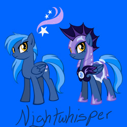 Size: 1000x1000 | Tagged: safe, artist:vaiya, oc, oc only, oc:night whispers, pegasus, pony, armor, blue background, duo, female, guardsmare, hoof shoes, mare, night guard, pegasus oc, royal guard, simple background, wings