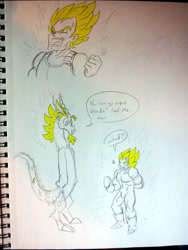 Size: 768x1024 | Tagged: safe, artist:vaiya, discord, draconequus, human, g4, crossover, discord being discord, dragon ball, dragon ball z, humiliation, inconvenient discord, male, partial color, roasted, super saiyan, that's no special, traditional art, vegeta