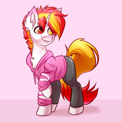 Size: 4000x4000 | Tagged: safe, artist:witchtaunter, oc, oc only, oc:shyfire, pony, unicorn, chest fluff, clothes, commission, ear fluff, heterochromia, hoodie, male, pants, simple background, solo