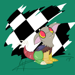 Size: 800x800 | Tagged: safe, artist:vaiya, discord, draconequus, g4, abstract background, baby discord, fangs, frown, male, signature, solo, young discord