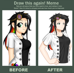 Size: 1006x984 | Tagged: safe, artist:dedonnerwolke, oc, oc only, oc:lightning bliss, human, clothes, comparison, draw this again, goggles, hand on hip, humanized, humanized oc, redraw, simple background, smiling, solo, white background