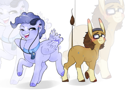 Size: 2100x1528 | Tagged: safe, artist:dedonnerwolke, oc, oc only, oc:tranquil feather, oc:wandering mind, donkey, goat, goat pony, pegasus, pony, blushing, cloven hooves, earbuds, glasses, music player, one eye closed, pegasus oc, raised hoof, smiling, wings, wink, zoom layer