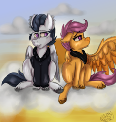 Size: 989x1040 | Tagged: safe, artist:milledpurple, rumble, scootaloo, pegasus, pony, g4, clothes, cloud, colt, female, filly, hoodie, male, on a cloud, one wing out, outdoors, scarf, ship:rumbloo, shipping, signature, straight, unshorn fetlocks, wings
