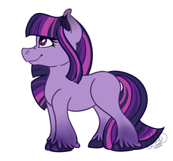 Size: 900x840 | Tagged: safe, artist:milledpurple, twilight sparkle, earth pony, pony, g4, colored hooves, ear fluff, earth pony twilight, eyelashes, missing cutie mark, signature, simple background, smiling, solo, unshorn fetlocks, white background