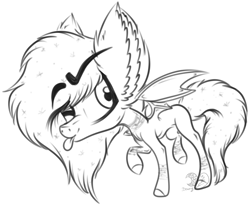 Size: 1880x1550 | Tagged: safe, artist:beamybutt, oc, oc only, bat pony, pony, :p, bat pony oc, bat wings, ear fluff, eyelashes, lineart, monochrome, one eye closed, raised hoof, solo, tongue out, wings, wink