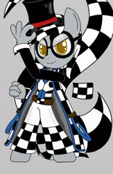 Size: 1280x1963 | Tagged: safe, artist:tenebrousmelancholy, oc, oc:checkerboard, pony, anthro, unguligrade anthro, clothes, coat markings, digital art, glasses, hat, male, pattern, requested art, simple background, stallion, suit, tipping, top hat, wingless, wingless anthro