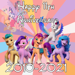 Size: 1000x1000 | Tagged: safe, artist:miketheelephantbrony, applejack, fluttershy, hitch trailblazer, izzy moonbow, pinkie pie, pipp petals, rainbow dash, rarity, spike, sunny starscout, twilight sparkle, zipp storm, alicorn, earth pony, pegasus, pony, unicorn, g5, my little pony: a new generation, 2010, 2021, disney font, happy birthday mlp:fim, mane five, mane seven, mane six, mlp fim's eleventh anniversary, twilight sparkle (alicorn)