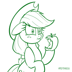 Size: 2048x2048 | Tagged: safe, artist:pfeffaroo, applejack, earth pony, pony, g4, apple, food, herbivore, high res, monochrome, scrunchy face, simple background, solo, sour, white background