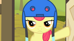 Size: 1920x1080 | Tagged: safe, screencap, apple bloom, earth pony, pony, g4, season 4, somepony to watch over me, apple bloom is not amused, bored, female, filly, helmet, solo, unamused