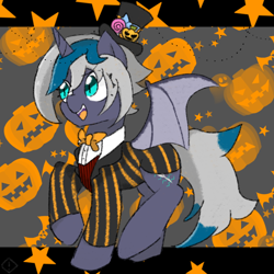 Size: 768x768 | Tagged: safe, artist:metaruscarlet, oc, oc only, oc:elizabat stormfeather, alicorn, bat pony, bat pony alicorn, pony, alicorn oc, bat pony oc, bat wings, bowtie, clothes, female, halloween, hat, holiday, horn, jack-o-lantern, mare, open mouth, pumpkin, raised hoof, raised leg, shirt, solo, stars, suit, top hat, vest, wings