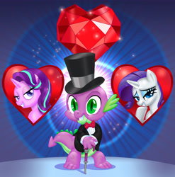Size: 5789x5870 | Tagged: safe, artist:art-2u, rarity, spike, starlight glimmer, g4, bowtie, cane, choose your wife, clothes, female, fire ruby, gem, hat, heart, male, ruby, ship:sparity, ship:sparlight, shipping, straight, top hat, tuxedo