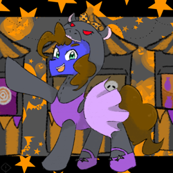 Size: 768x768 | Tagged: safe, artist:metaruscarlet, oc, oc only, oc:silly scribe, earth pony, hippopotamus, pony, animal costume, carnival, clothes, costume, earth pony oc, flats, halloween, holiday, jack-o-lantern, male, open mouth, pumpkin, raised hoof, shoes, skirt, solo, stallion, stars, tank top, tutu
