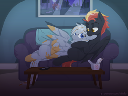 Size: 1600x1200 | Tagged: safe, artist:willoillo, oc, oc only, pegasus, pony, commission, couch, cuddling, pegasus oc